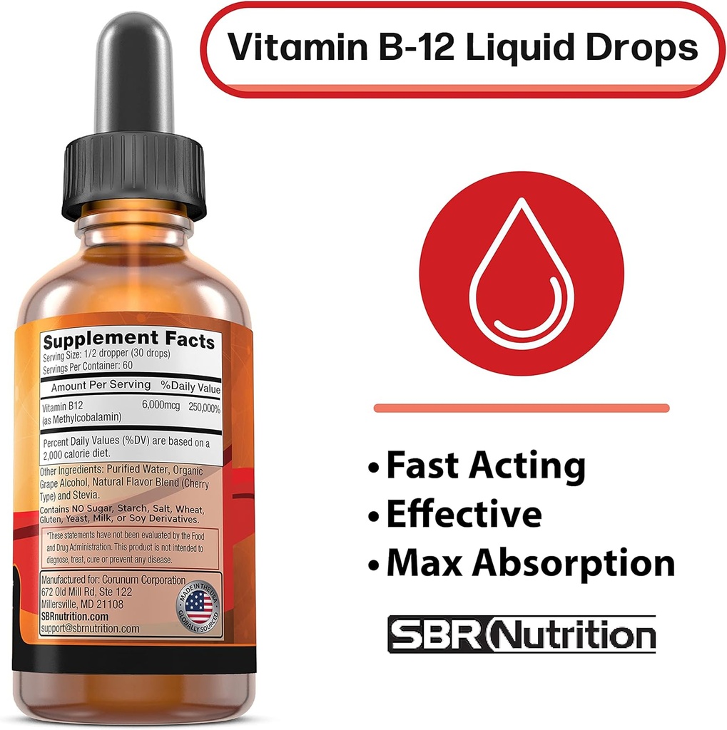 Extra Strength 6000mcg Vitamin B12 Sublingual Liquid Drops - Methylcobalamin, VIT B 12 Supports Energy, Max Absorption, 60 Servings, Non-GMO, Vegan Friendly, Manufactured in The USA 3