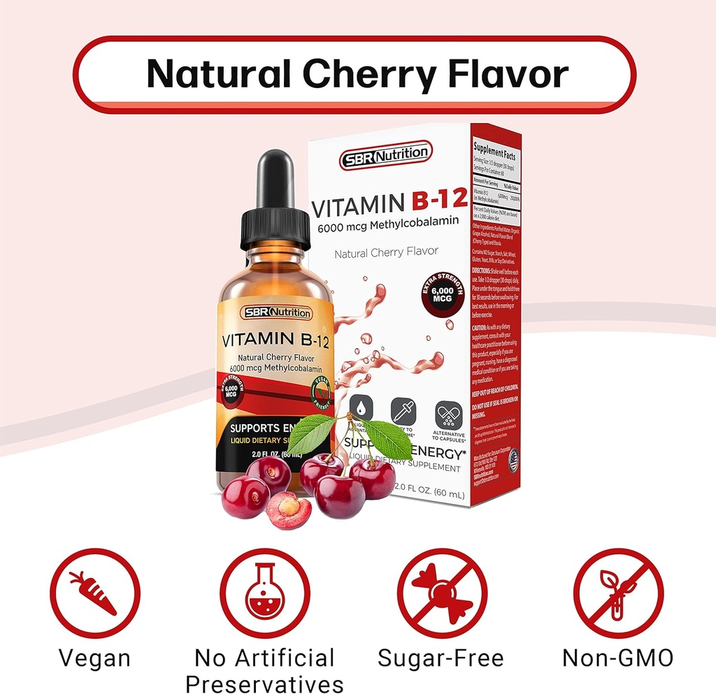 Extra Strength 6000mcg Vitamin B12 Sublingual Liquid Drops - Methylcobalamin, VIT B 12 Supports Energy, Max Absorption, 60 Servings, Non-GMO, Vegan Friendly, Manufactured in The USA 5