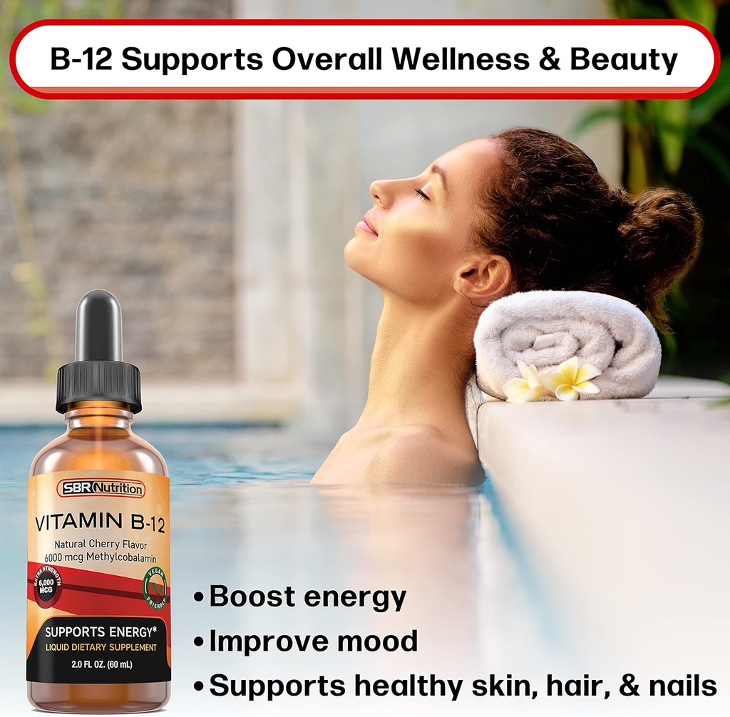 Extra Strength 6000mcg Vitamin B12 Sublingual Liquid Drops - Methylcobalamin, VIT B 12 Supports Energy, Max Absorption, 60 Servings, Non-GMO, Vegan Friendly, Manufactured in The USA 6