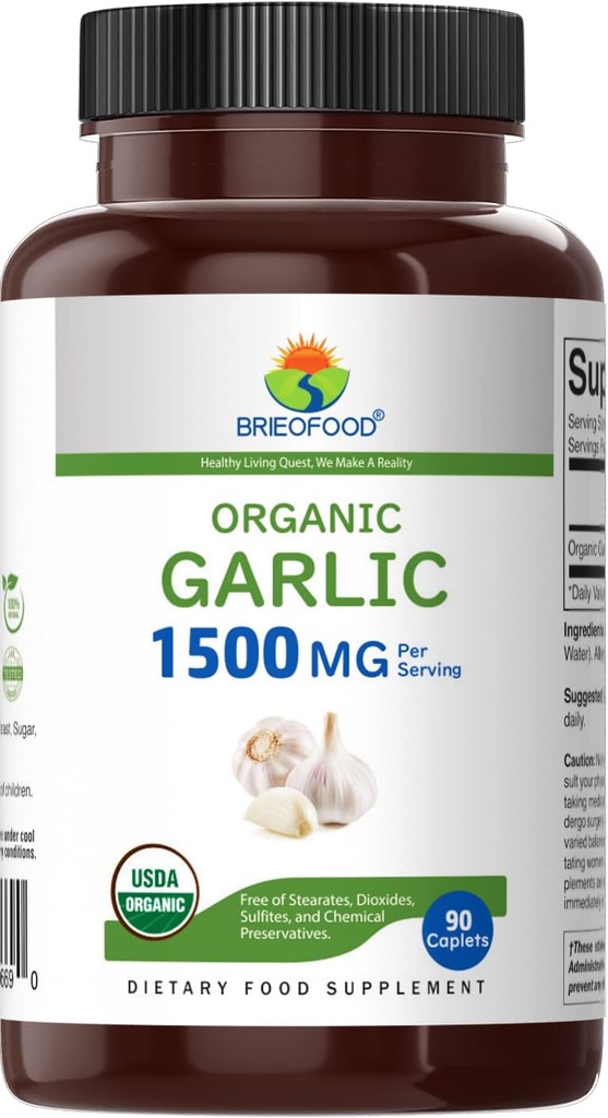 Brieofood Organic Garlic 1500mg, 45 Servings, Vegetarian, Gluten Free, 90 Vegetarian Tablets 3