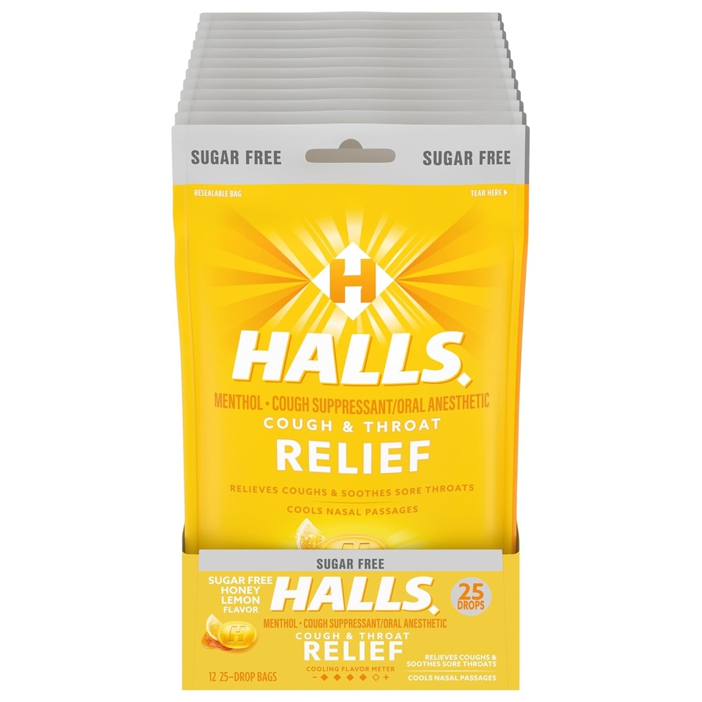 HALLS Relief Honey Lemon Sugar Free Cough Drops, 12 Bags of 25 Drops (300 Total Drops) 2
