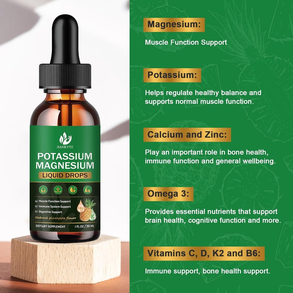 (2 Pack) Potassium Magnesium Supplement for Immune Health & Muscle Support, High Absorption, Triple Magnesium Complex with Glycinate, Taurate, Citrate and Potassium, Pineapple Flavour, 1 Fl Oz 4