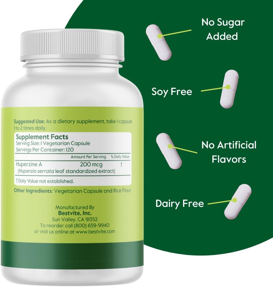 BESTVITE Huperzine A 200mcg from Naturally Derived Huperzia Serrata (120 Vegetarian Capsules) - No Stearates - No Flow Agents - Vegan - Non GMO - Gluten Free - Superior Form of Huperzine A 3