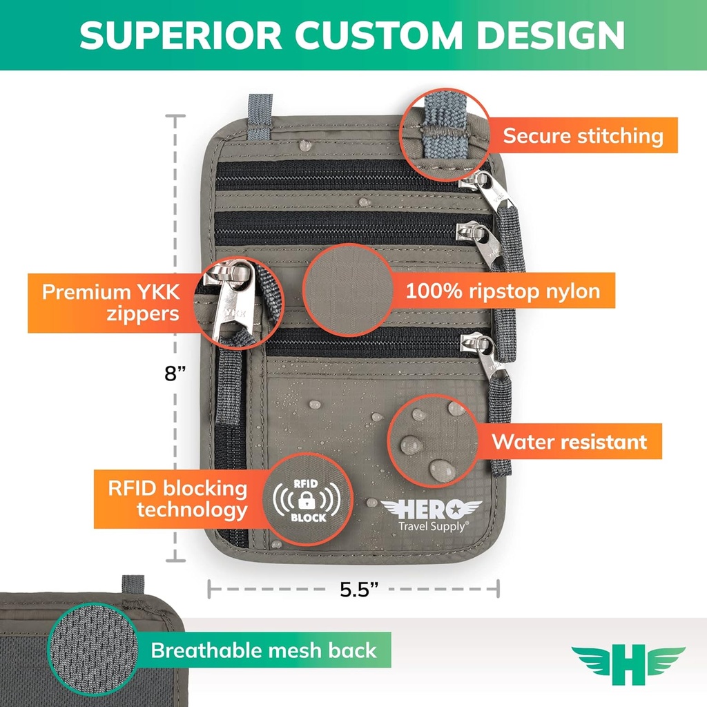 HERO Neck Wallet, RFID Blocking Passport Holder, Easy to Conceal Travel Pouch 4