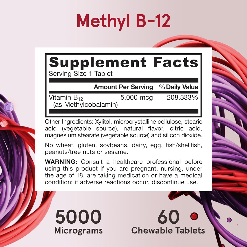 Jarrow Formulas Maximum Strength Methyl B-12 5000 mcg, Dietary Supplement for Cellular Energy Production and Brain Health Support, 60 Cherry-Flavored Chewable Tablets, 60 Day Supply, Pack of 12 6