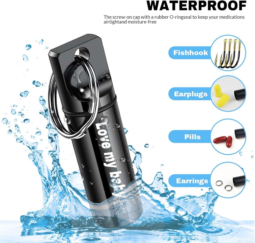 2Pcs Keychain Pill Holder, Personalization Large Capacity Waterproof Travel Pill Organizer Pill Container Custom Small Pill case with Text for Outdoor Camping Travel Gifts (Black) 5