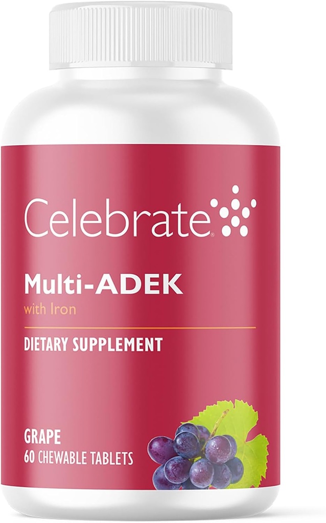 Celebrate Vitamins Multi ADEK Chewables, 60mg Iron - Daily Bariatric Multivitamin, Vitamins A, D, E, K & B12 for Duodenal Switch Surgery Patients - Grape (60 Tablets) 2