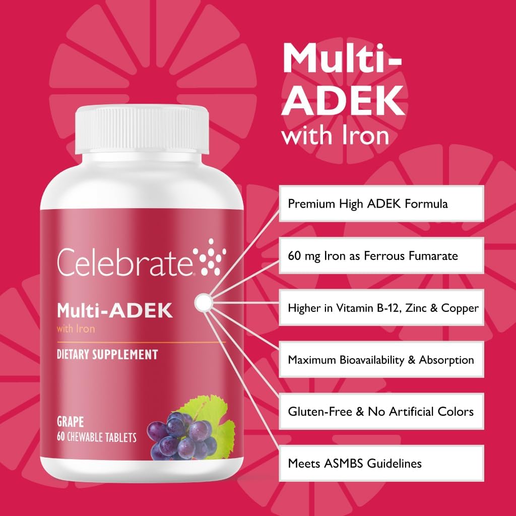 Celebrate Vitamins Multi ADEK Chewables, 60mg Iron - Daily Bariatric Multivitamin, Vitamins A, D, E, K & B12 for Duodenal Switch Surgery Patients - Grape (60 Tablets) 3