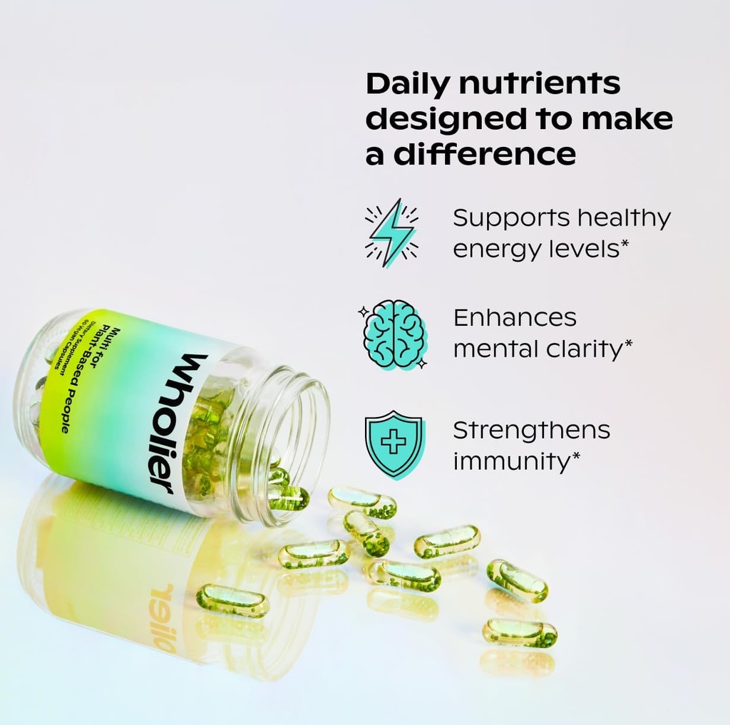 wholier Plant Based Multivitamin Vegan Omega-3 DHA EPA, Vitamin D, B12, Zinc, Vitamin K2, Iron, Iodine, Selenium. 60 Count (30-Day Supply) Glass Bottle 4