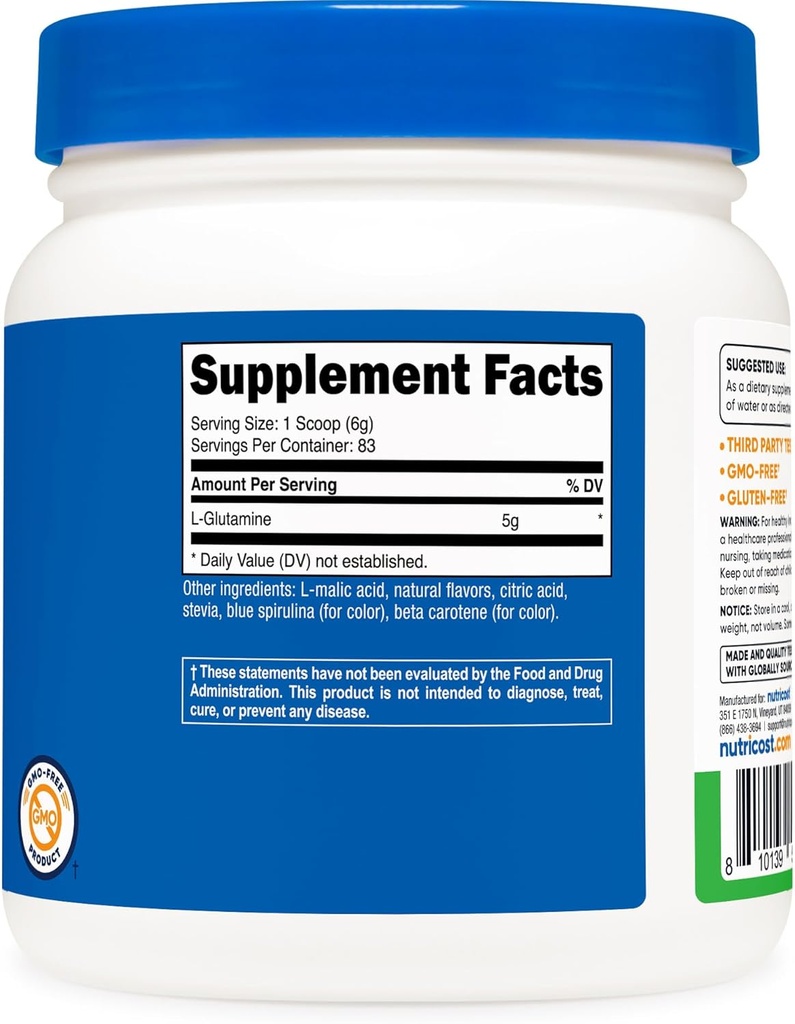 Nutricost L-Glutamine Powder Supplement (Green Apple) 500g - Gut Support, 5 Grams per Serving, Sweetened with Stevia - Gluten Free, Non GMO 6
