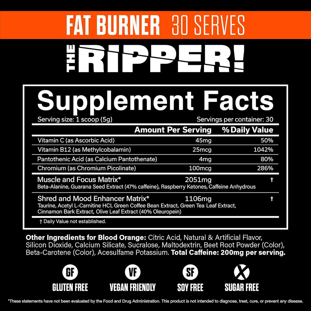 JNX SPORTS The Ripper! Shredding Thermogenic Fat Burner - Blood Orange 30 Servings | Advanced Fast Acting Thermogenic Pre-Workout, Appetite Suppressant, Extreme Energy for Men & Women 3