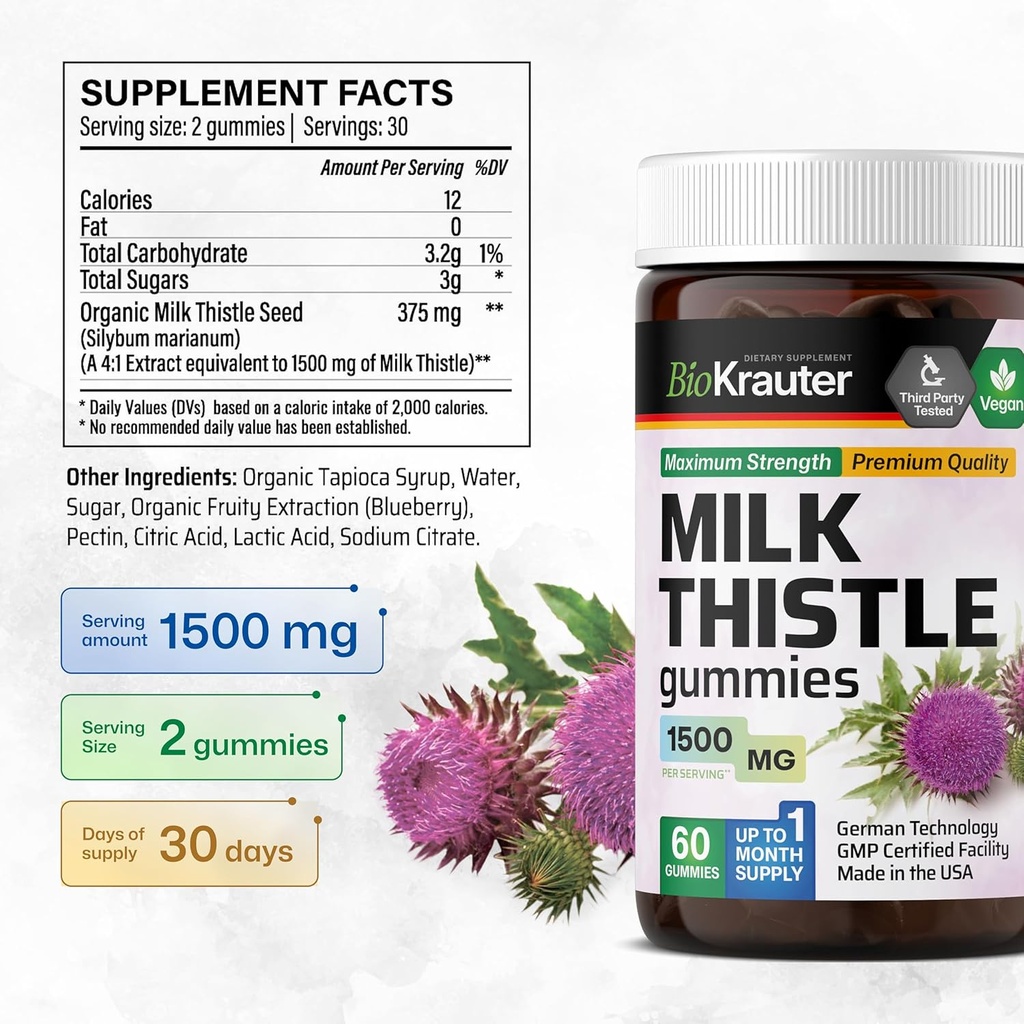 BIO KRAUTER Milk Thistle Liver Detox Gummies - 1500 mg Strength - 60 Chews - Silymarin Milk Thisle Supplement - Vegan Gelatine-Free Formula 4
