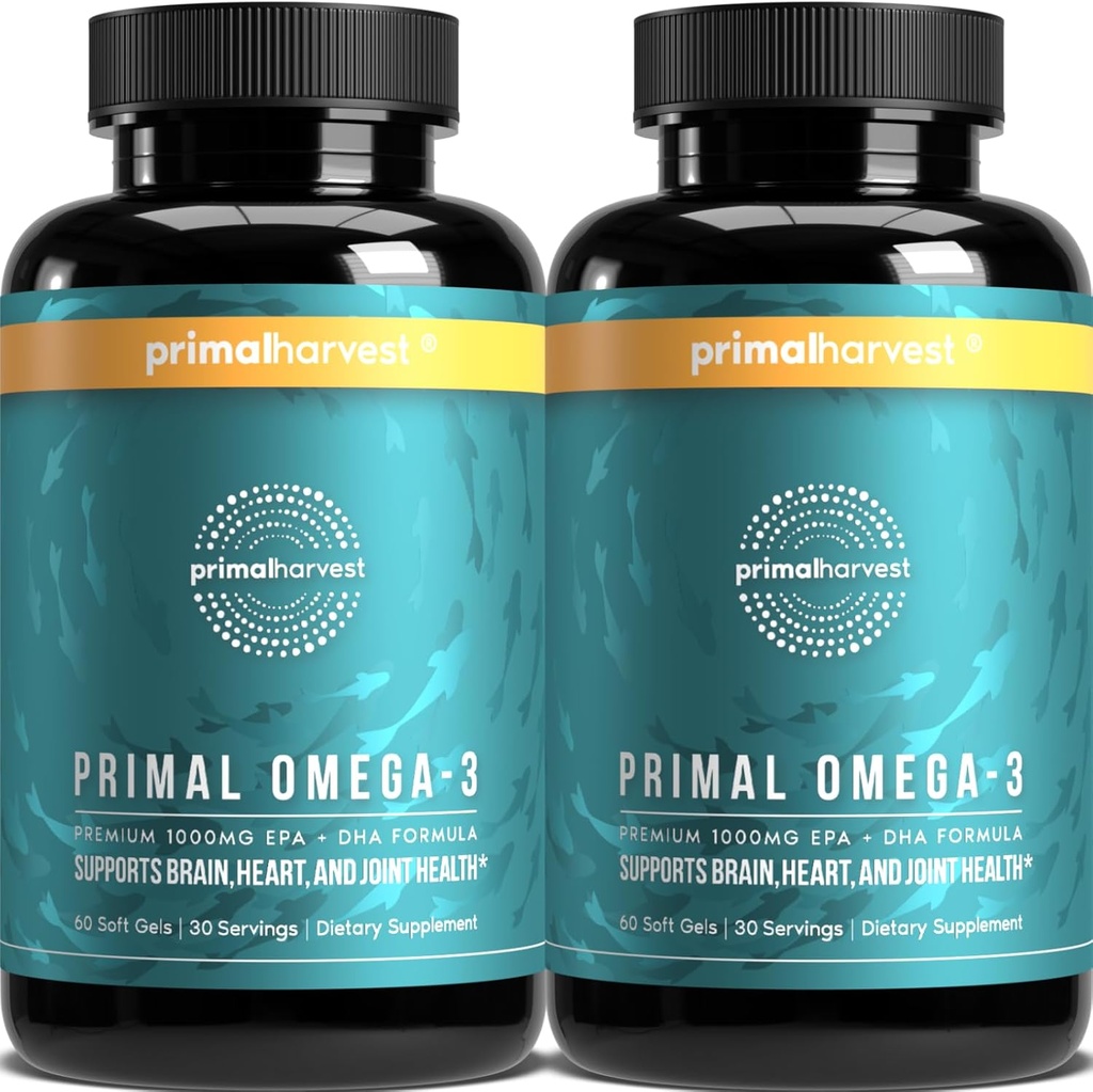 Primal Harvest Omega 3 Fish Oil Supplements, 30 Servings Soft Gels Capsules w/ 1000mg EPA + DHA Supplements, No Fishy Burps Non-GMO Omega 3 Fatty Acid, 2 Pack 2