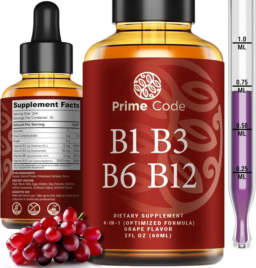 Prime Code Liquid Vitamin B1 Drops with Vitamin B3 B6 & B12 | B Complex Liquid Supplement | Thiamine Supplement for Adults | High Absorption | Immune Support | Non-GMO | Gluten-Free 2