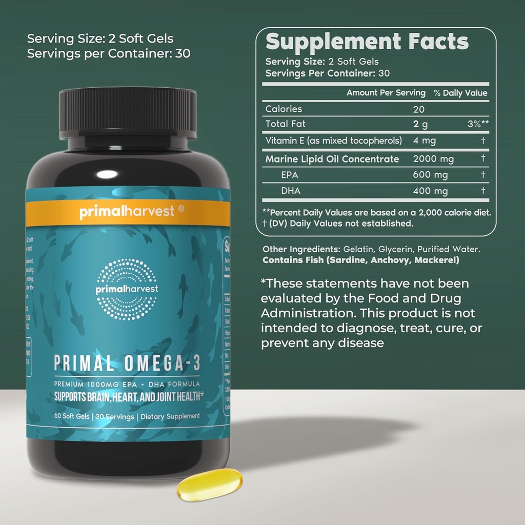 Primal Harvest Omega 3 Fish Oil Supplements, 30 Servings Soft Gels Capsules w/ 1000mg EPA + DHA Supplements, No Fishy Burps Non-GMO Omega 3 Fatty Acid, 2 Pack 3