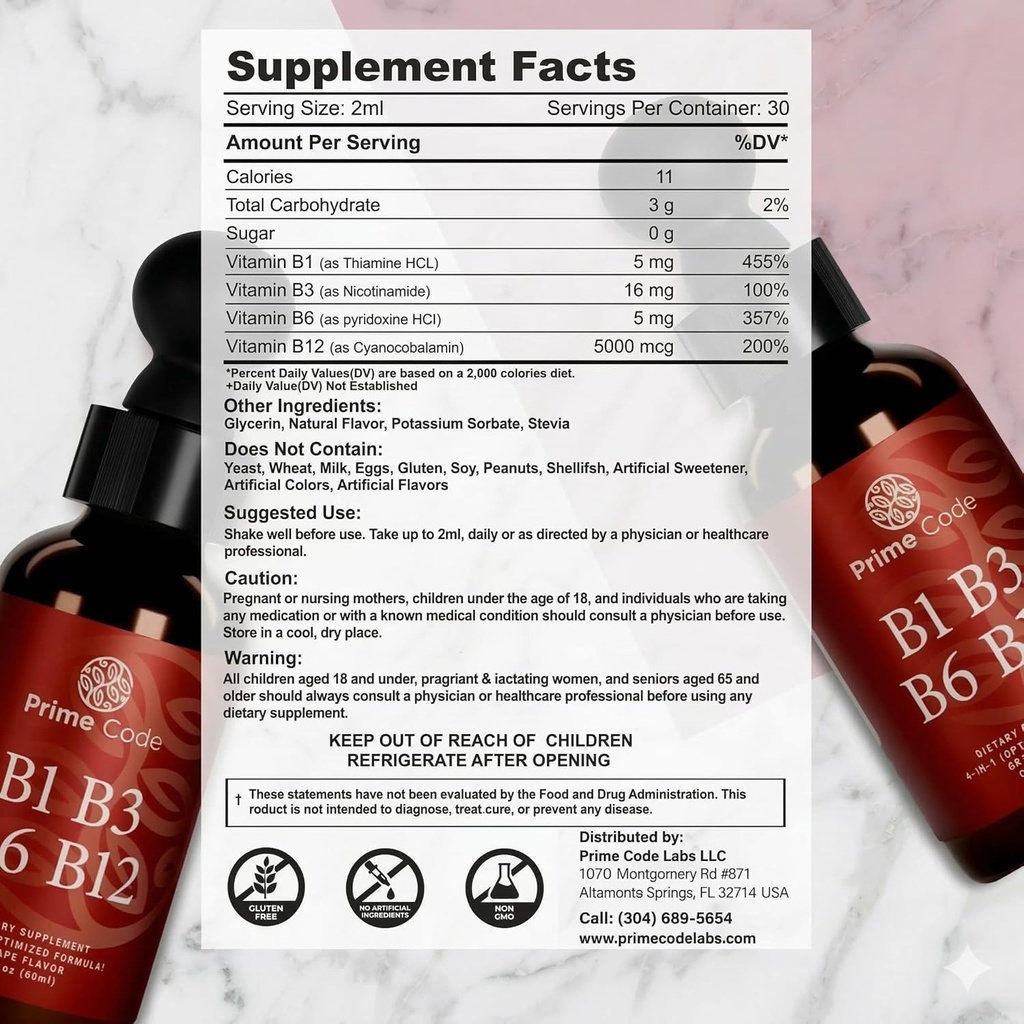 Prime Code Liquid Vitamin B1 Drops with Vitamin B3 B6 & B12 | B Complex Liquid Supplement | Thiamine Supplement for Adults | High Absorption | Immune Support | Non-GMO | Gluten-Free 3