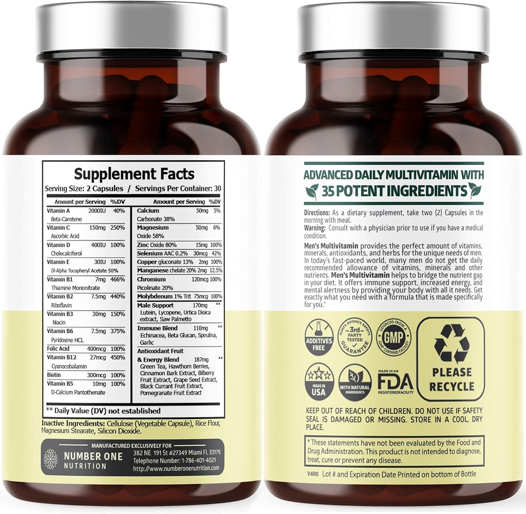 Number One Nutrition Premium Men's Daily Multivitamin Multimineral Supplement [Gluten Free, Non-GMO], Vitamins A C E D B1 B2 B3 B5 B6 B12, Magnesium, Biotin, Sprulina, and Zinc, 60 Veg Caps 3