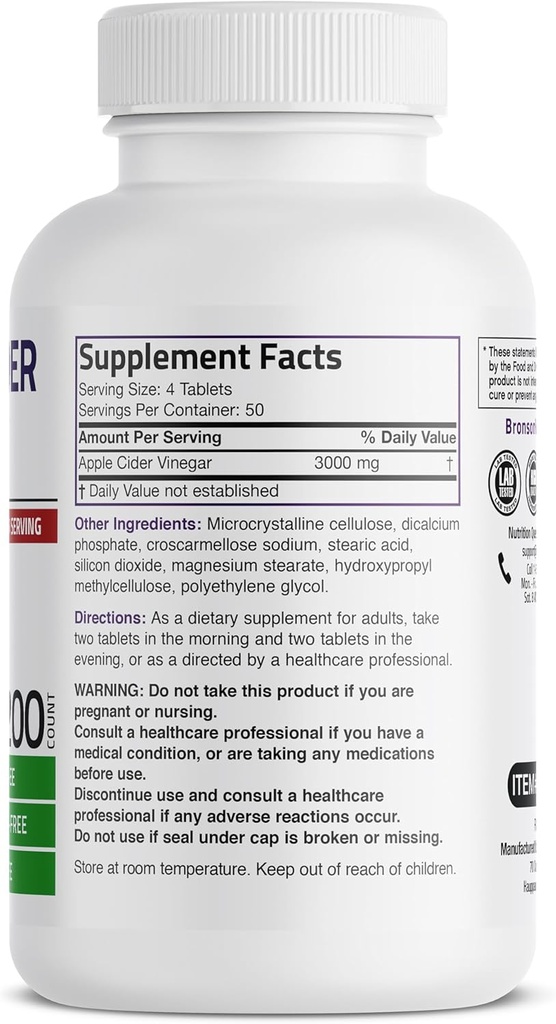 Bronson Apple Cider Vinegar 3000 MG per Serving Extra Strength - Non-GMO, 200 Vegetarian Tablets 3