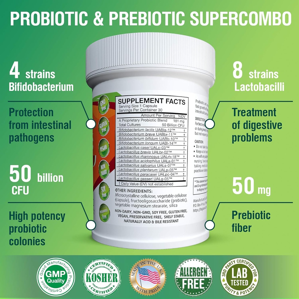 50 Billion CFU Prebiotic and Probiotic Supplement for Women and Men, 12 Strains for Daily Immune Support and Digestive Health, 30 Veggie Capsules, Non Refrigerated High Potency Probiotics 3
