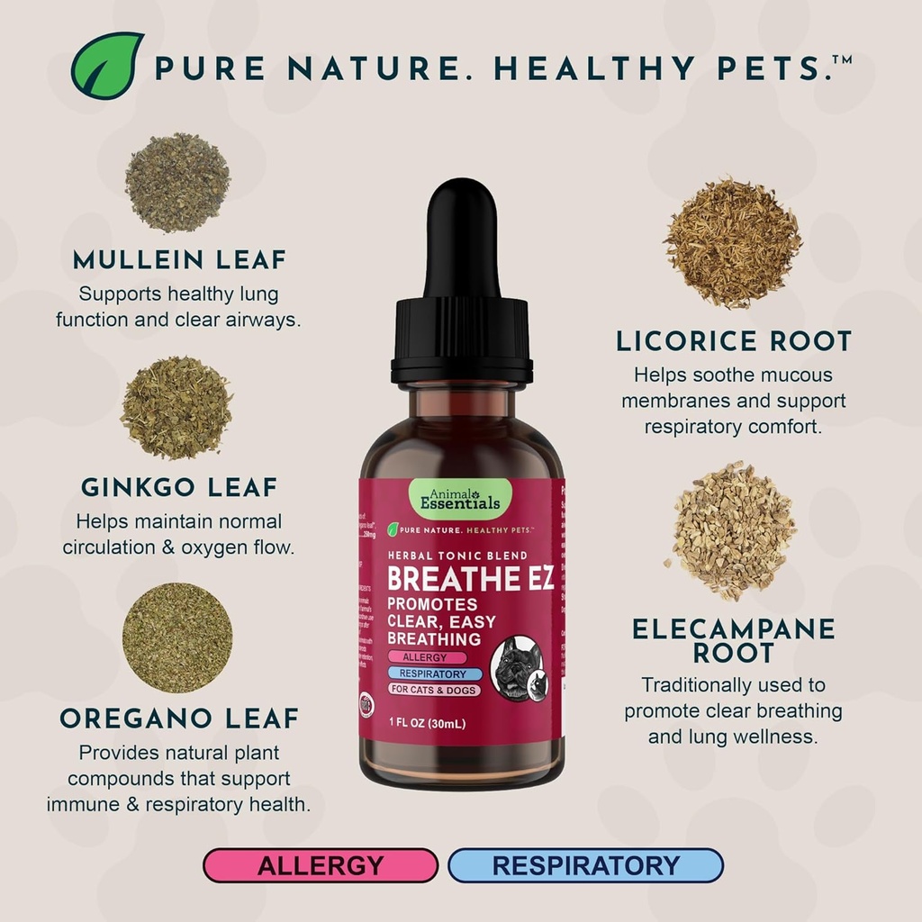 Animal Essentials Breathe EZ for Dogs & Cats - Pet Respiratory Support Supplement, Clear & Easy Breathing, Healthy Respiration, Herbal Formula - 2 Fl Oz 4