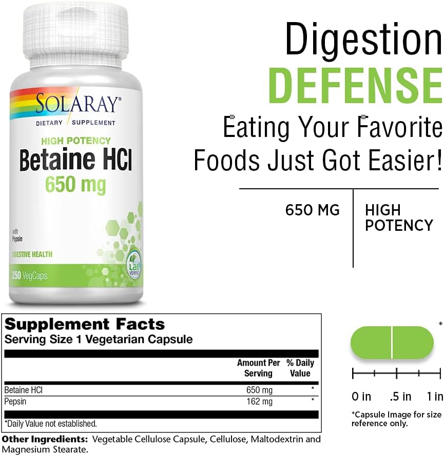 Solaray Betaine HCL with Pepsin, High Potency Hydrochloric Acid Formula, Healthy Digestion Supplement, Digestive Enzymes for Gut Health Support, 60-Day Guarantee, 250 Servings, 250 VegCaps 3