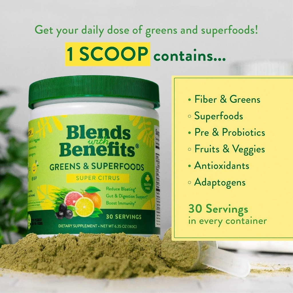 360 Nutrition Blends with Benefits Super Greens Powder w/Probiotics, Digestive Enzymes, Sugar & Gluten Free, Plant Based Superfood Drink Mix for Gut Health, Bloating, Immunity, Overall Health, 6.35 oz 4