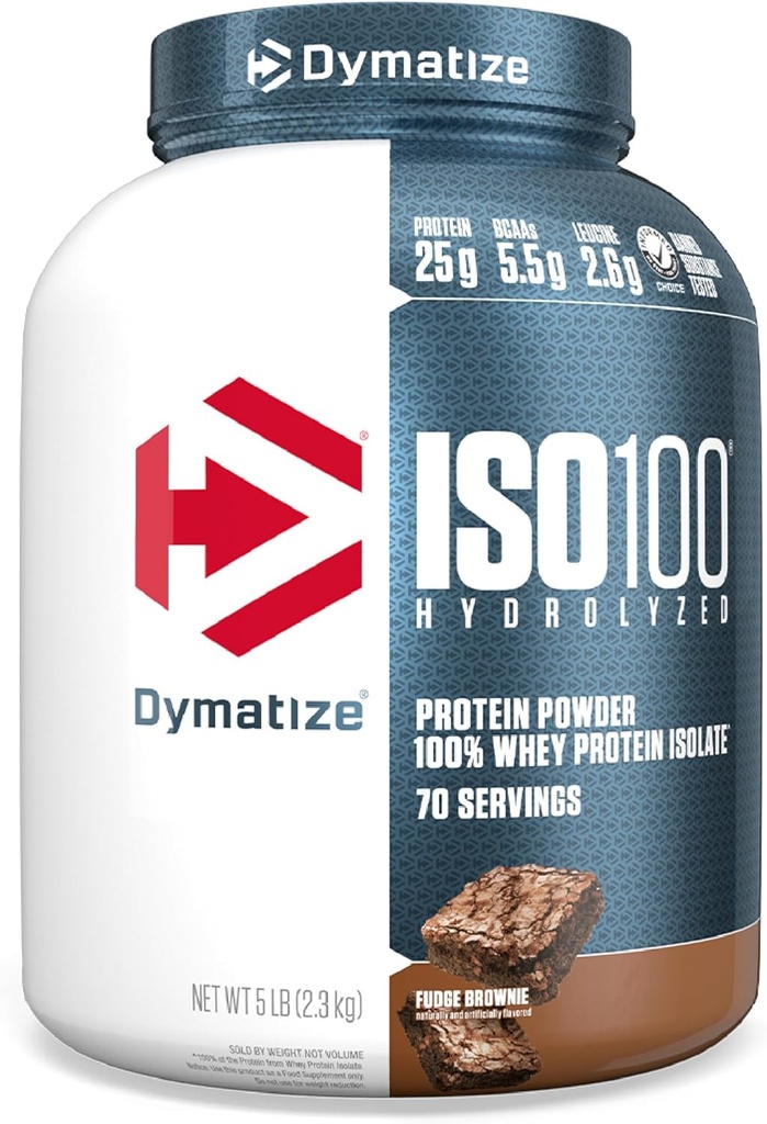 Dymatize ISO100 Whey Protein Powder Isolate, Fudge Brownie, 25g of Protein, 5 Pound, 5.5g BCAAs, Less Than 120 Cal., Gluten Free, 1g Fat, 1g Sugar, 2g Carb (70 Servings) 2