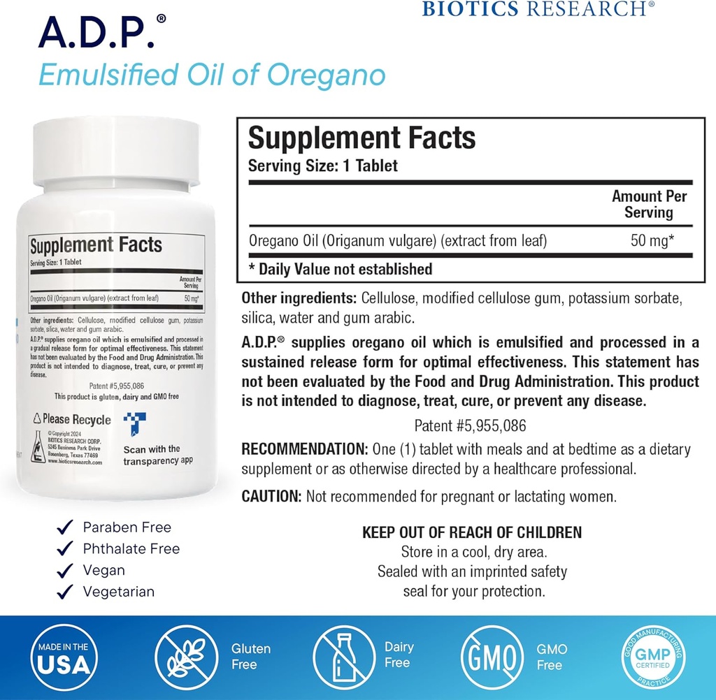 Biotics Research A.D.P. Emulsified Oil of Oregano Tablets for GI Health -Sustained Release for High Absorption Contains Carvacrol, Wild Oregano Oil 50mg/S - Patented Formula -Non GMO –120 Tablets 3