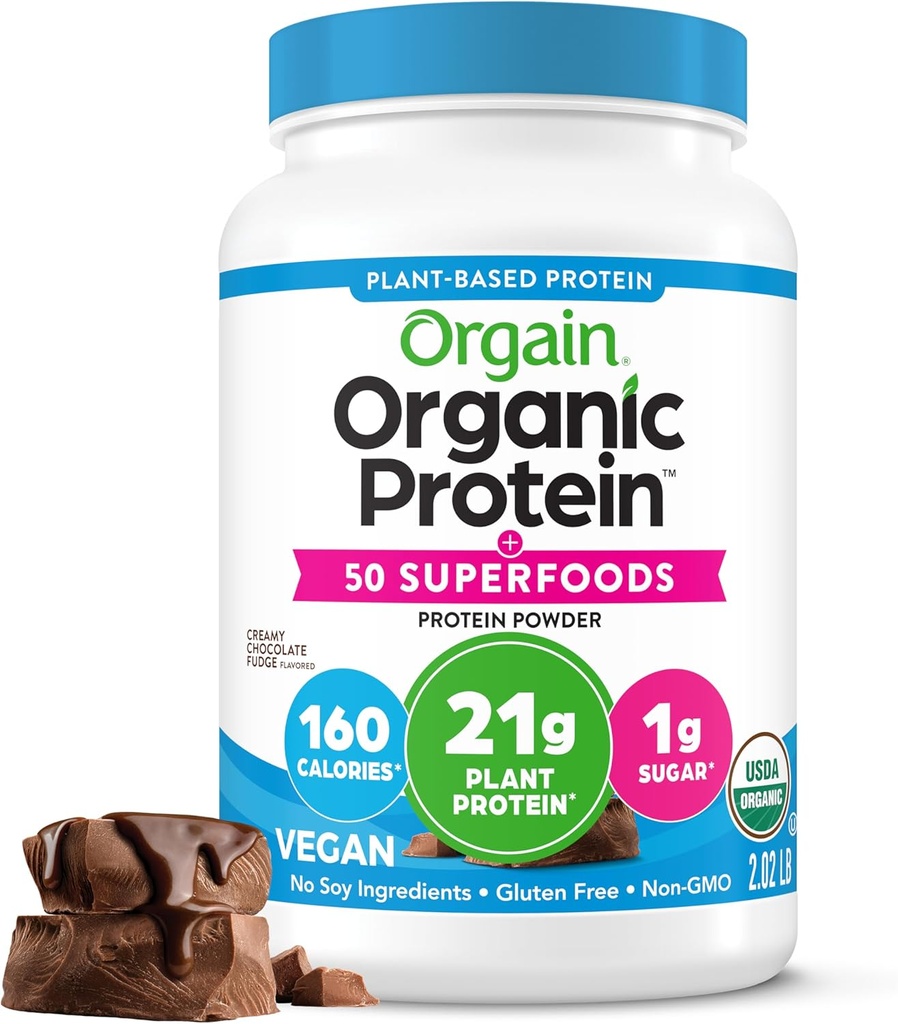 Orgain Organic Vegan Protein + 50 Superfoods Powder, Creamy Chocolate Fudge - 21g Plant Based Protein, 9g Prebiotic Fiber, No Lactose, Gluten Free, No Added Sugar, 2.02 lb (Packaging May Vary) 2
