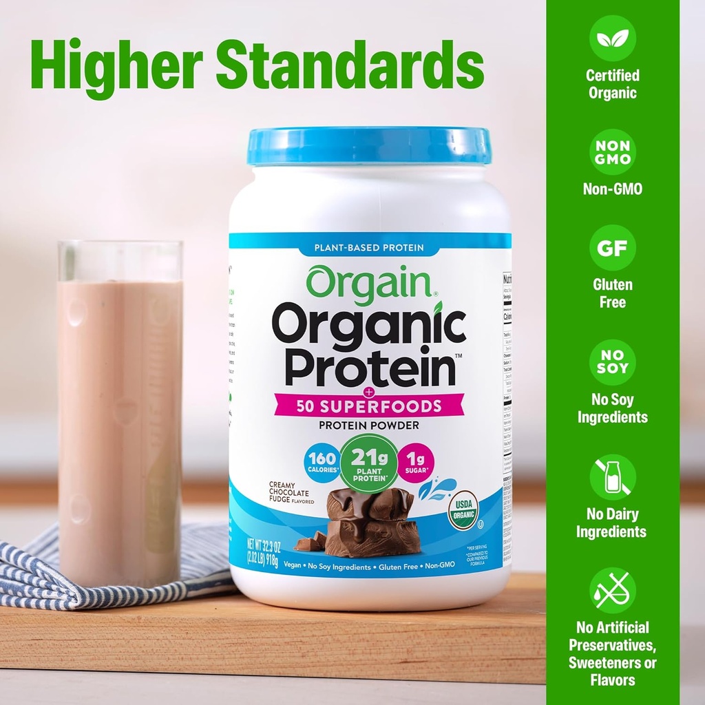 Orgain Organic Vegan Protein + 50 Superfoods Powder, Creamy Chocolate Fudge - 21g Plant Based Protein, 9g Prebiotic Fiber, No Lactose, Gluten Free, No Added Sugar, 2.02 lb (Packaging May Vary) 4