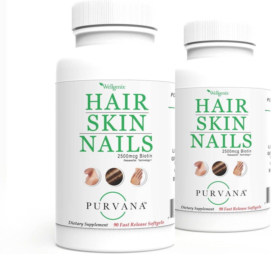 Wellgenix Purvana Hair, Skin, and Nails Vitamin Softgels for High Absorption - Double Strength 2500mcg Biotin, VIT A & B (90 Count) 2 Pack 2