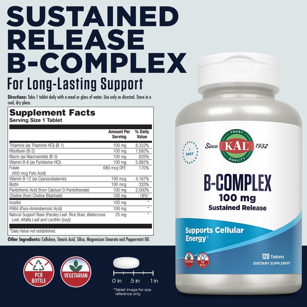 KAL B-100 Complex - Sustained Release Vitamin B Complex - Healthy Energy Support with Natural Support Base and Fresh Minty Coating - Vegetarian - 60 Day Guarantee - 120 Servings, 120 Tablets 3