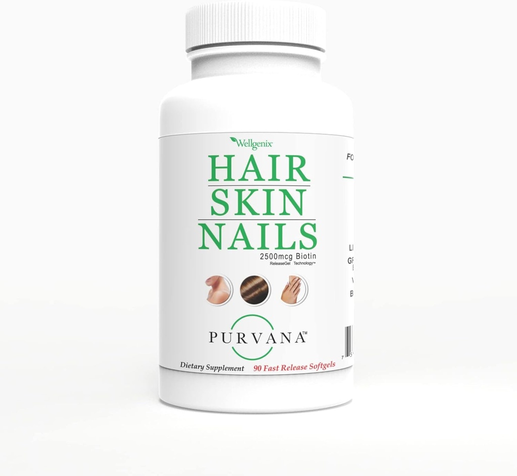 Wellgenix Purvana Hair, Skin, and Nails Vitamin Softgels for High Absorption - Double Strength 2500mcg Biotin, VIT A & B (90 Count) 2 Pack 3