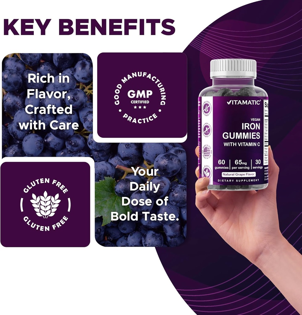 Vitamatic Iron 65 mg Gummies Supplement for Women & Men - 60 Vegan Gummies - Great Tasting Iron Gummy Vitamins with Vitamin C (2) 6