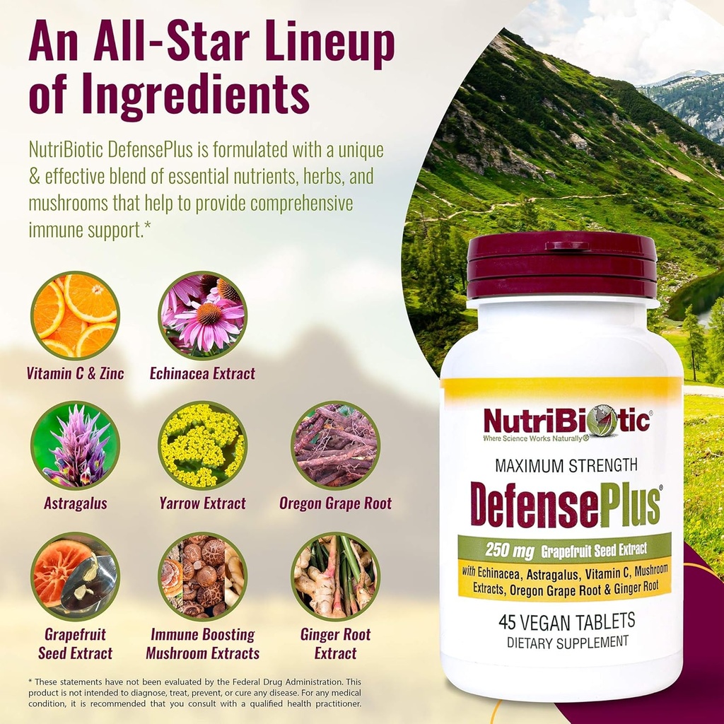 NutriBiotic – DefensePlus, 45 Tablets | 11 in 1 Immune Support with Vitamin C, Zinc, Grapefruit Seed Extract, Echinacea, Astragalus Root & Immune Boosting Extracts & Mushrooms | Vegan & Gluten Free 3