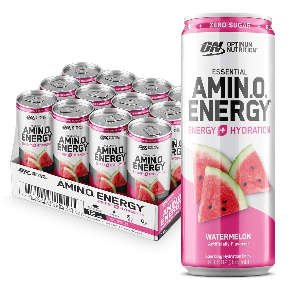Optimum Nutrition Amino Energy Sparkling Hydration Drink, Electrolytes, Caffeine, Amino Acids, BCAAs, Sugar Free, Watermelon, 12 Fl Oz, 12 Pack (Packaging May Vary) 2