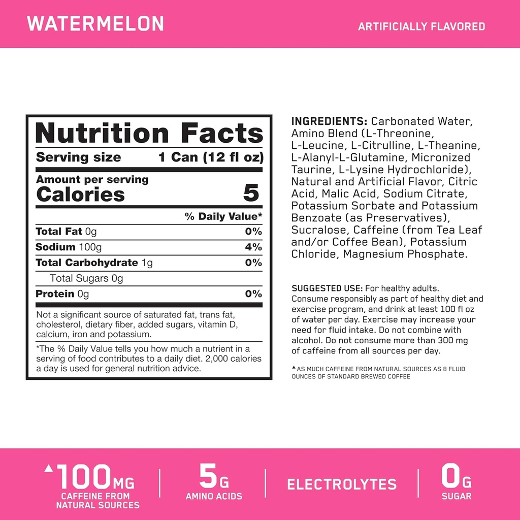 Optimum Nutrition Amino Energy Sparkling Hydration Drink, Electrolytes, Caffeine, Amino Acids, BCAAs, Sugar Free, Watermelon, 12 Fl Oz, 12 Pack (Packaging May Vary) 3