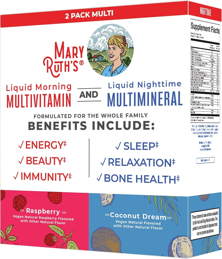 MaryRuth Organics Liquid Morning Multivitamin & Liquid Nighttime Multimineral Bundle, Vegan Vitamin C, Vitamin D, B Complex, Magnesium, Energy, Beauty, Sleep Support, NO Melatonin, 32 Fl Oz Each 2