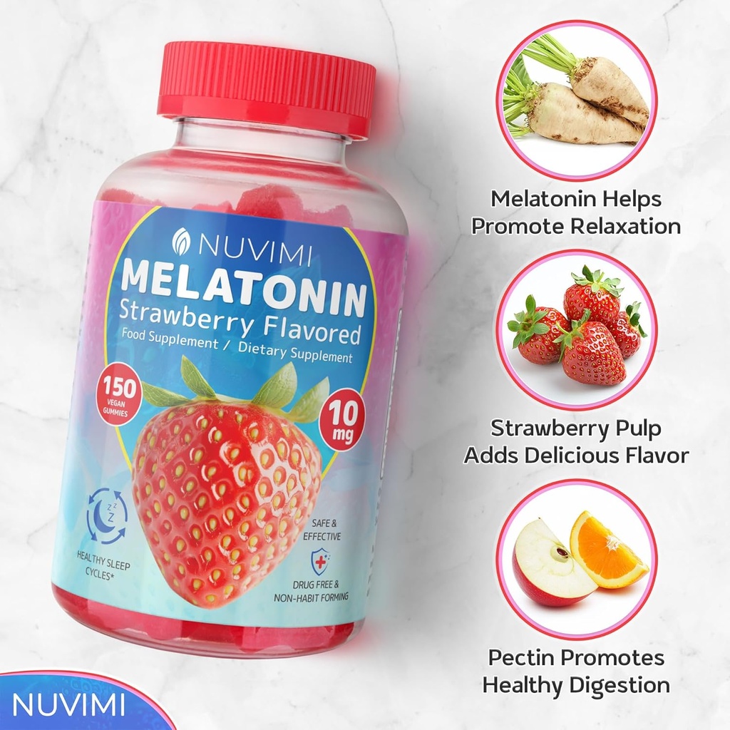 Melatonin Gummies - 10 mg Strawberry Flavored Dietary Food Supplement to Help Support Sleep - 150 Vegan Gummies 5