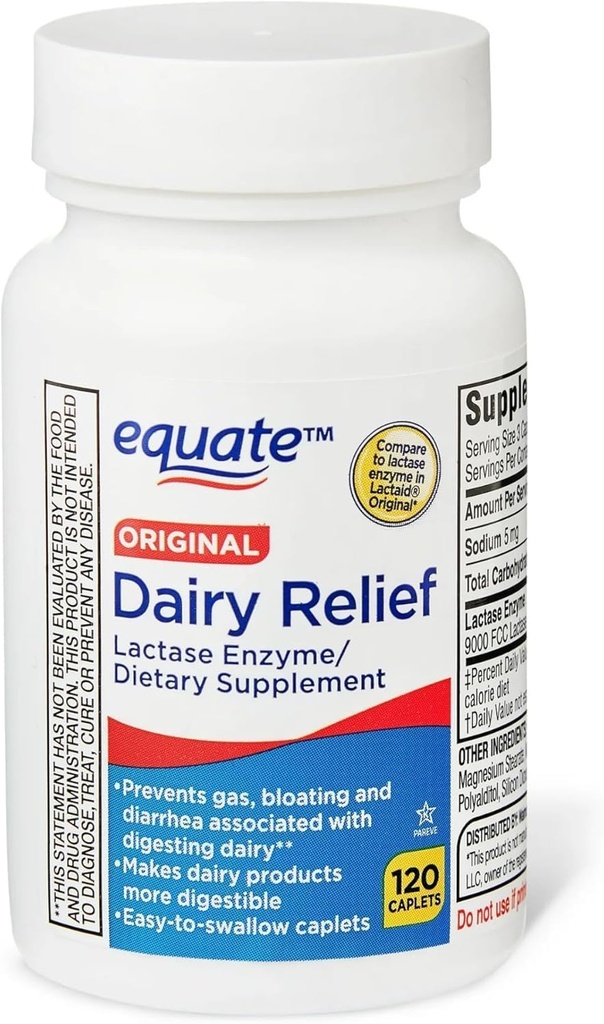 Dairy Relief Caplets, Original, Lactase Enzyme, 120 Pills by Equate (Pack of 1) + Sticker 2