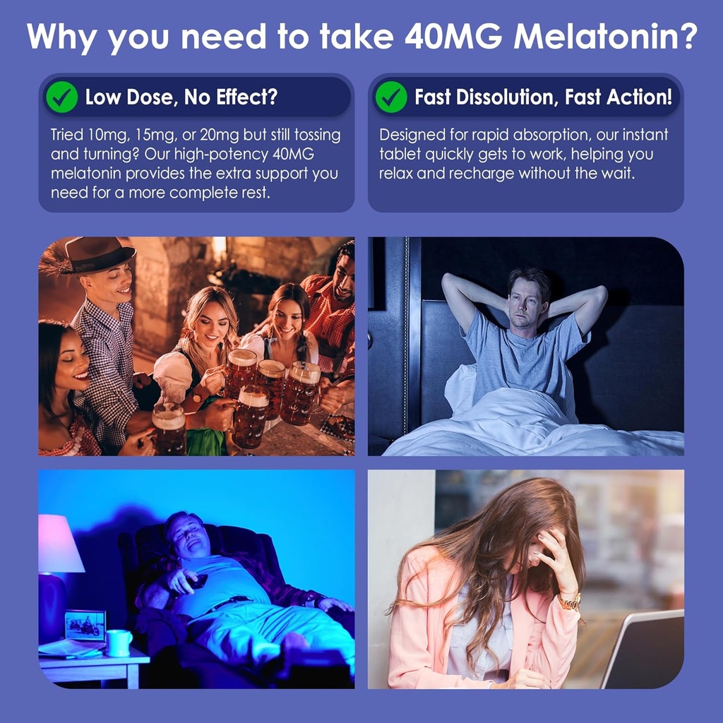 Melatonin 40 mg for Adults - Fast Dissolve & Chewable Sublingual Sleep Supplement - Extra Strength Melatonin with Vitamin D3 & MSM, Selenium for Health Rest Cycle, Deep Zzzs, Sugar-Free, 180 Servings 4