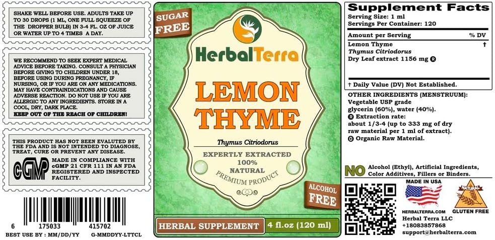 Lemon Thyme (Thymus x Citriodorus) Glycerite, Organic Dried Herb Alcohol-Free Liquid Extract (Brand Name: HerbalTerra, Proudly Made in USA) 4 fl.oz (120 ml) 3