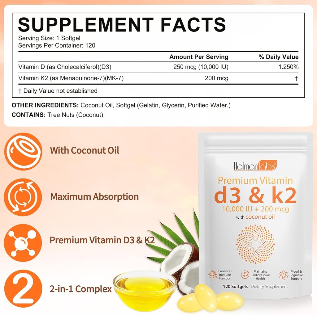 2 Bag Vitamin D3 K2 Supplement Softgel, Vitamin D3 K2 Softgel with 10000 IU Supports Immune, Heart, Teeth & Bone Health, Free of GMO, Gluten, Soy 3