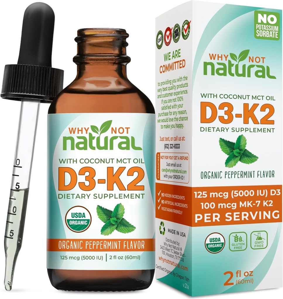 Why Not Natural Organic Vitamin D3 K2 (MK-7) Liquid Drops, 5000 IU of sublingual D3 with Coconut MCT Oil, for Strong Bones and Teeth, Heart and Immune Support 2