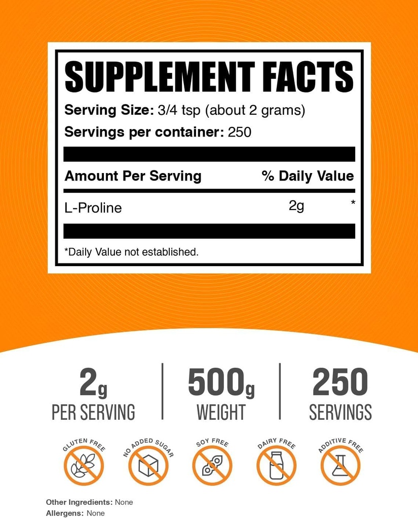 BulkSupplements.com L-Proline Powder - Proline Supplements, Amino Acid Powder - Unflavored & Gluten Free, 2g per Serving, 500g (1.1 lbs) (Pack of 1) 3