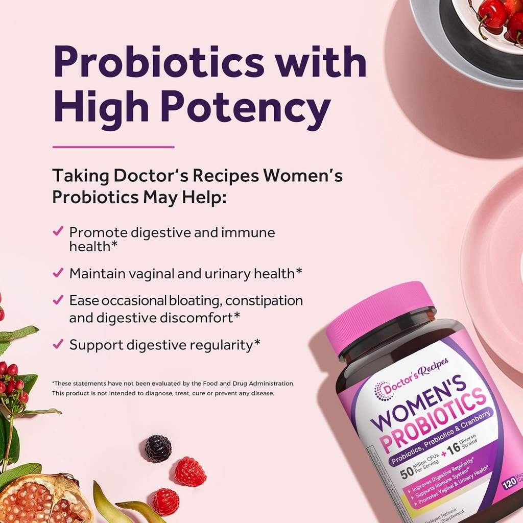 Doctor's Recipes Women’s Probiotic, 120 Caps 50 Billion CFU 16 Strains, with Organic Cranberry, Digestive Immune Vaginal & Urinary Health, Shelf Stable, Delayed Release, No Soy Gluten Dairy 4