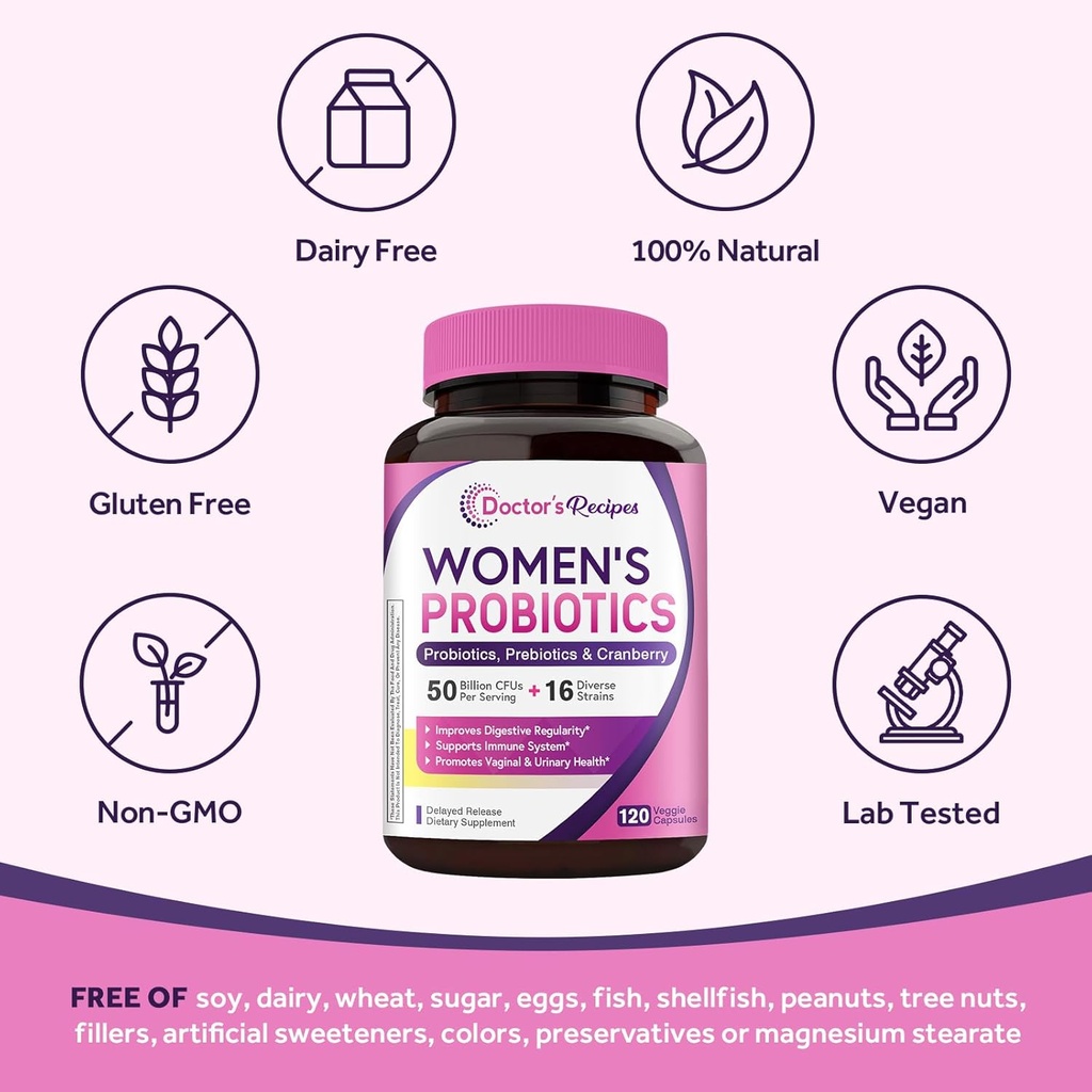 Doctor's Recipes Women’s Probiotic, 120 Caps 50 Billion CFU 16 Strains, with Organic Cranberry, Digestive Immune Vaginal & Urinary Health, Shelf Stable, Delayed Release, No Soy Gluten Dairy 6