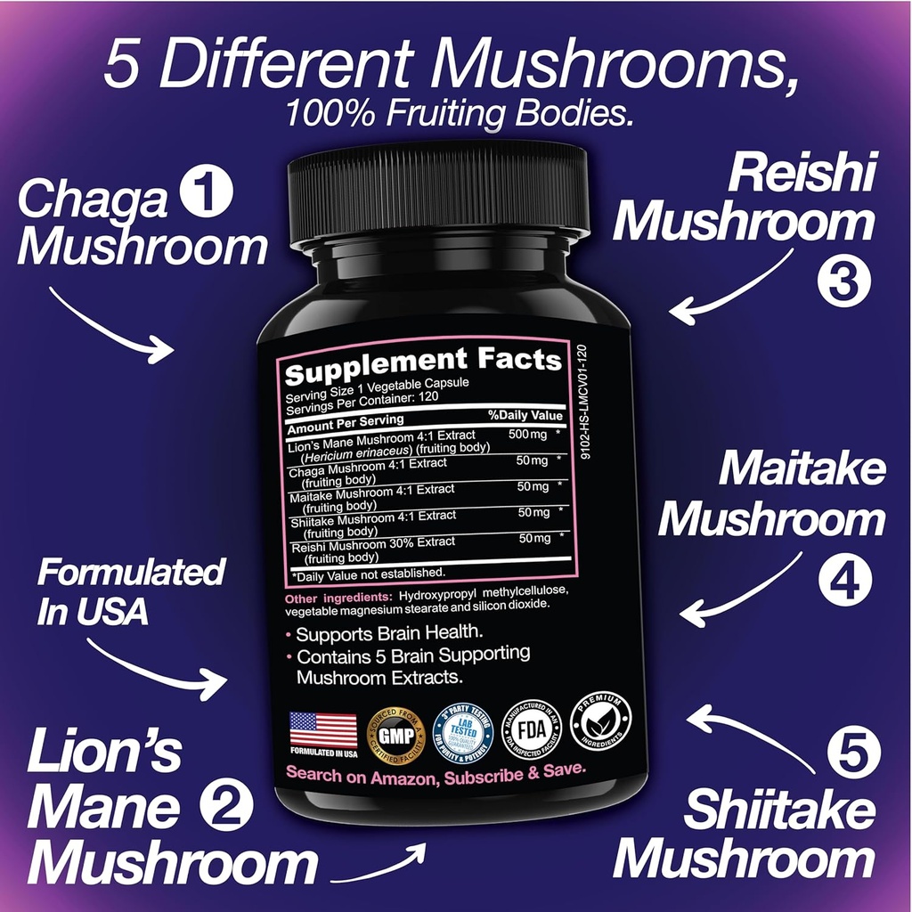 Lion's Mane Mushroom Supplement | 120 Capsules: Alpha Brain Enhancement of Cognitive Clarity, Focus with Our Specialty Blend 4 Mushroom Mycelium Formula 4