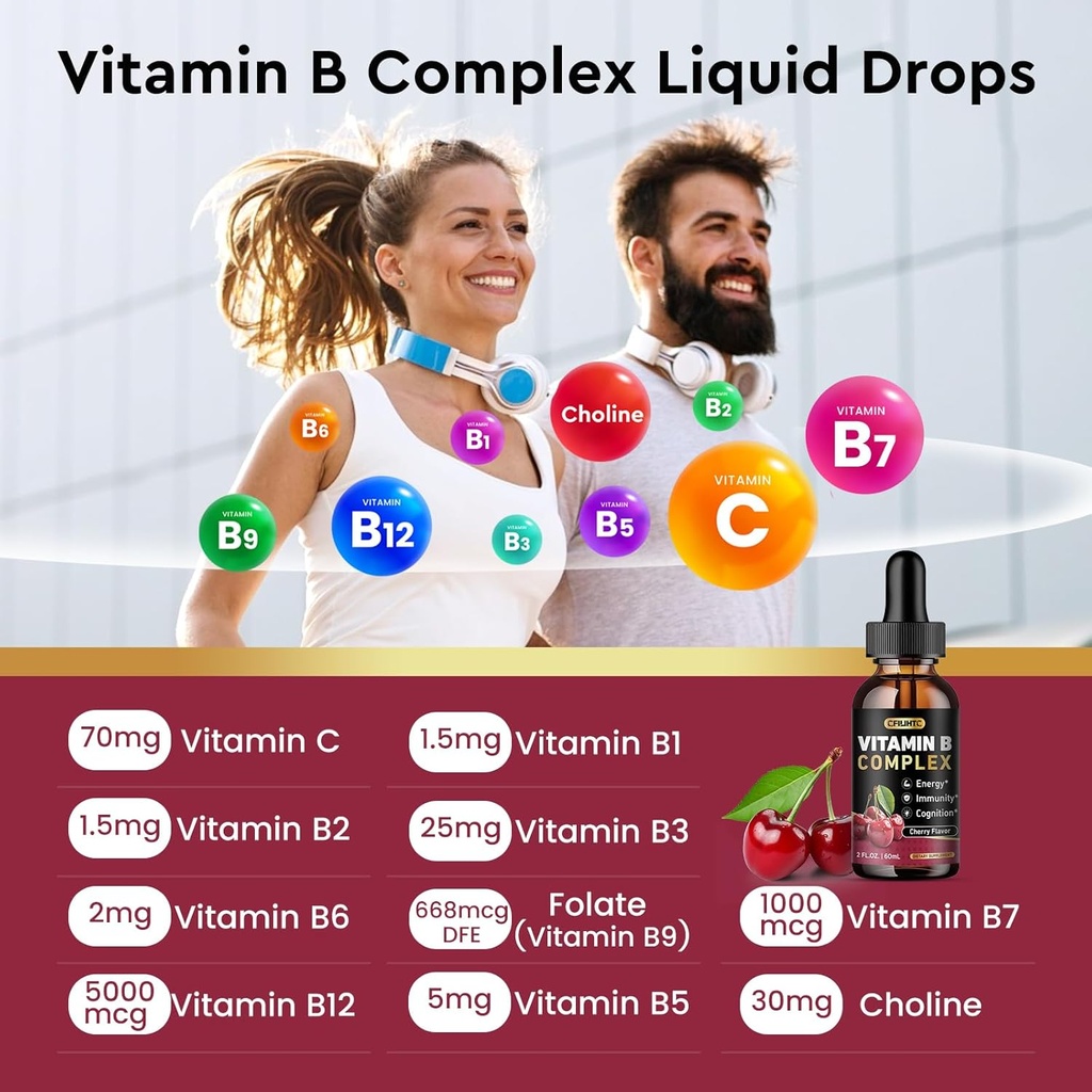Vitamin B Complex Liquid Drops, B Vitamins Complex Supplement with B1, B2, B3, B5 B6, B7, B9 & Methyl B12 Drops for Adults & Kids, Vegan, Cherry Flavor 5