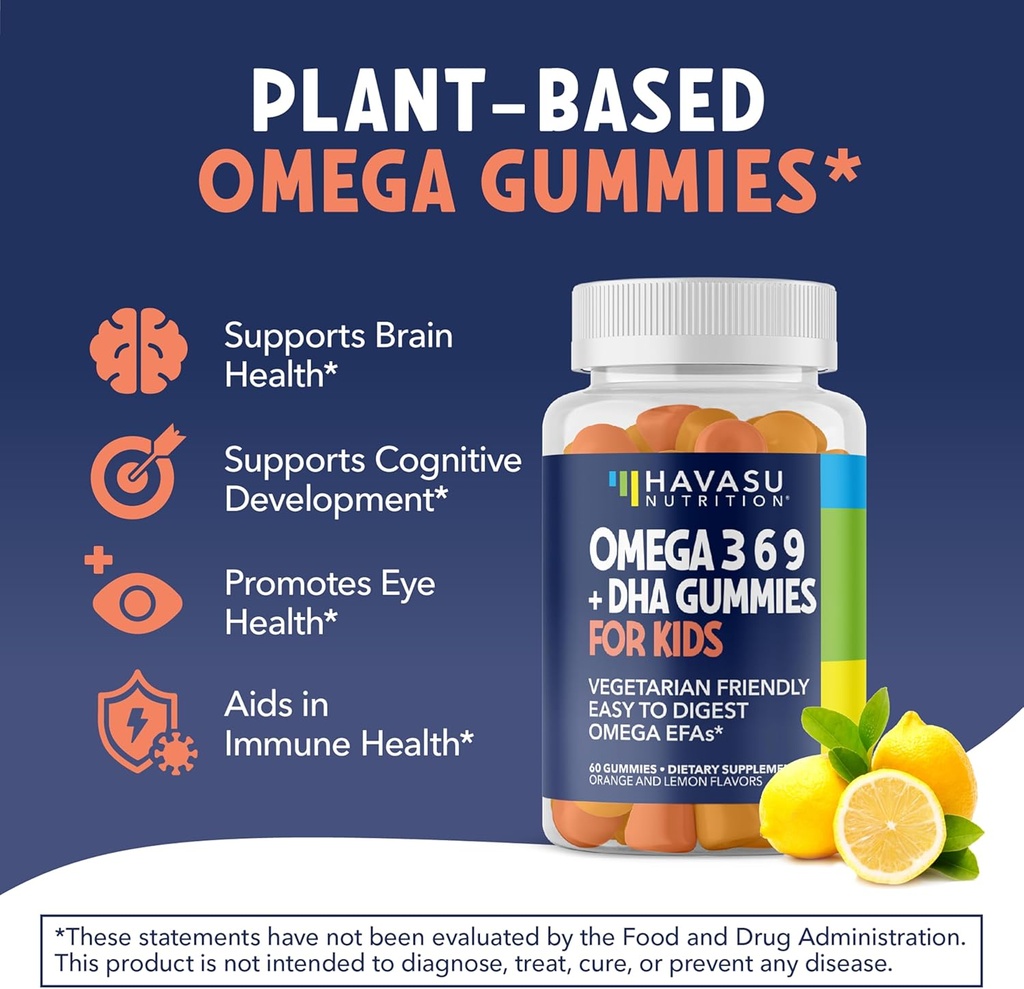 Omega 3 6 9 + DHA Gummies for Kids - Vegetarian, Plant-Based Fish Oil with DHA and EPA for Children 2+ to Support Body and Brain Development - No Fishy Taste - Lemon and Orange Flavors - 60 Count 4